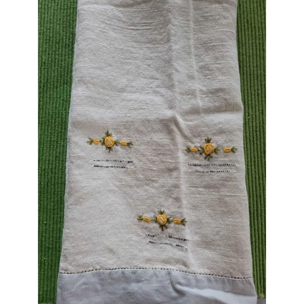Vintage Hand Embroidered Linen Towel Yellow Rose Trim 16